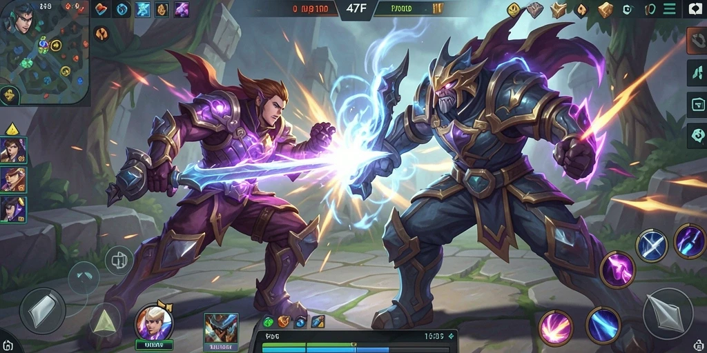Screenshot utama 47F menampilkan aksi pertempuran mendebarkan dalam gameplay MOBA.