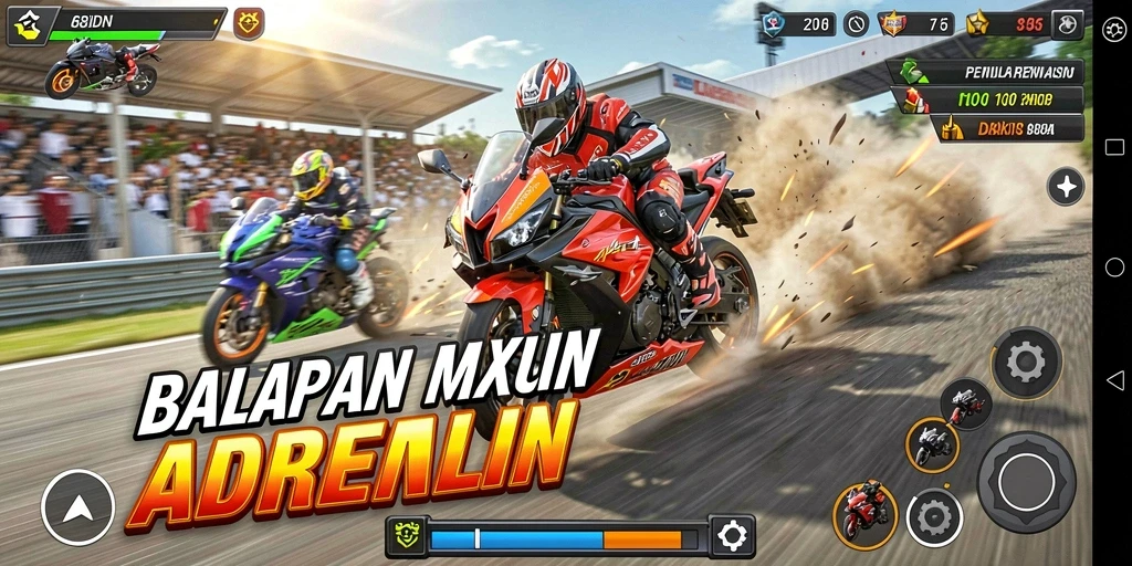 Tampilan gameplay seru dengan aksi balapan motor yang mendebarkan.