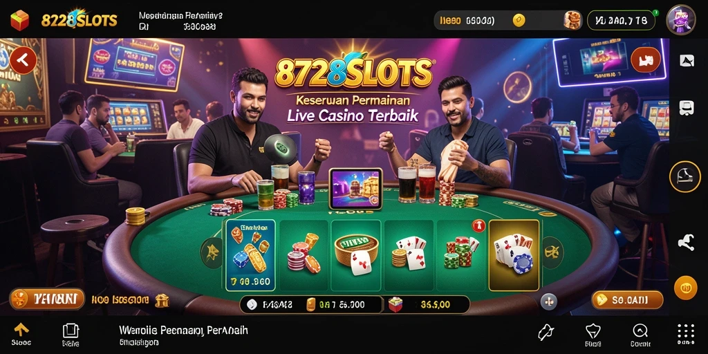Screenshot 8728SLOTS menampilkan dealer dan pemain dalam suasana Live Casino yang mendebarkan.