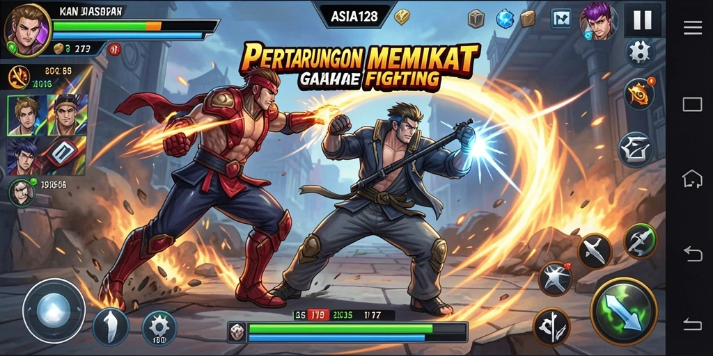 Screenshot gameplay ASIA128 menampilkan pertarungan epik dengan karakter yang kuat.
