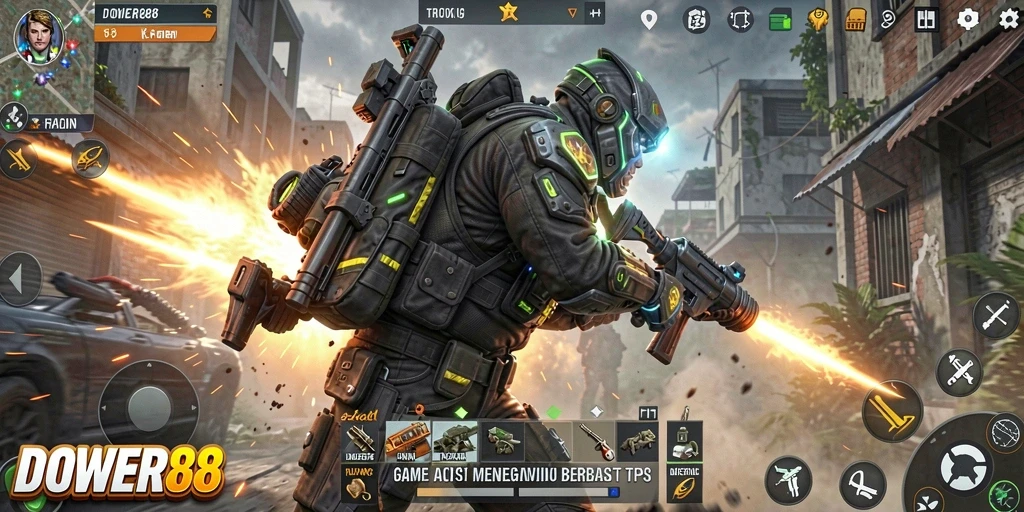 Tangkapan layar utama DOWER88 menampilkan aksi gameplay TPS yang menegangkan.