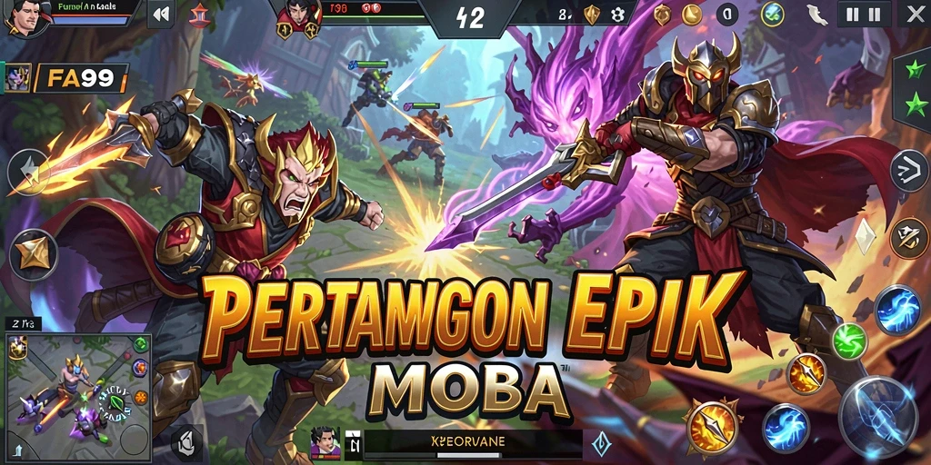 Tampilan gameplay seru FA99 dengan pertarungan MOBA yang mendebarkan.