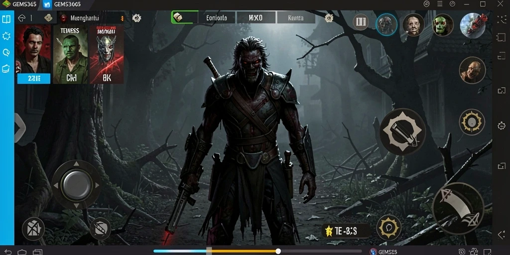 Screenshot gameplay GEMS365 menampilkan suasana menyeramkan dan karakter menyeramkan.