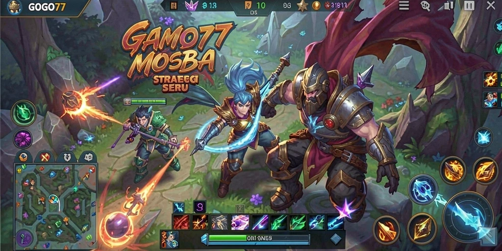 Tangkapan layar GOGO77 menampilkan aksi pertempuran MOBA yang intens.