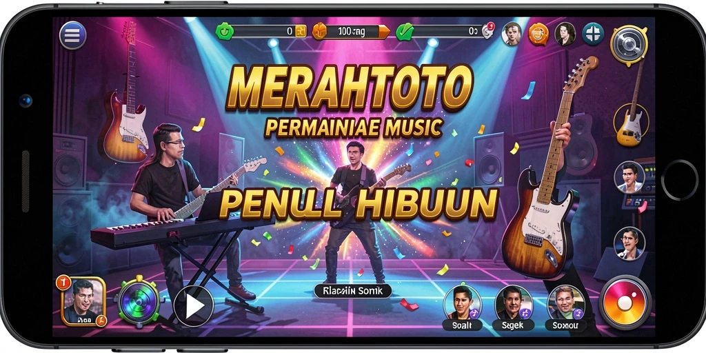 Screenshot utama MERAHTOTO dengan gameplay menarik dan alat musik.