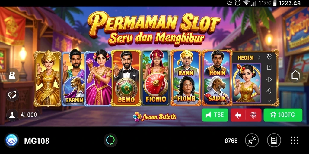 Screenshot utama MG108 menampilkan gameplay Slot yang seru.