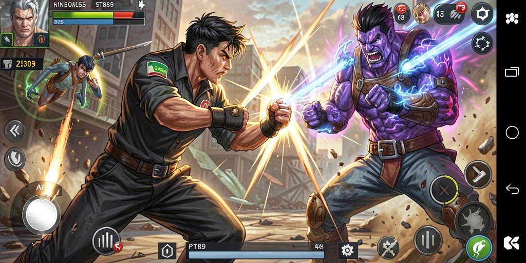 Tangkapan layar gameplay PT89 menunjukkan pertarungan epik antar karakter.