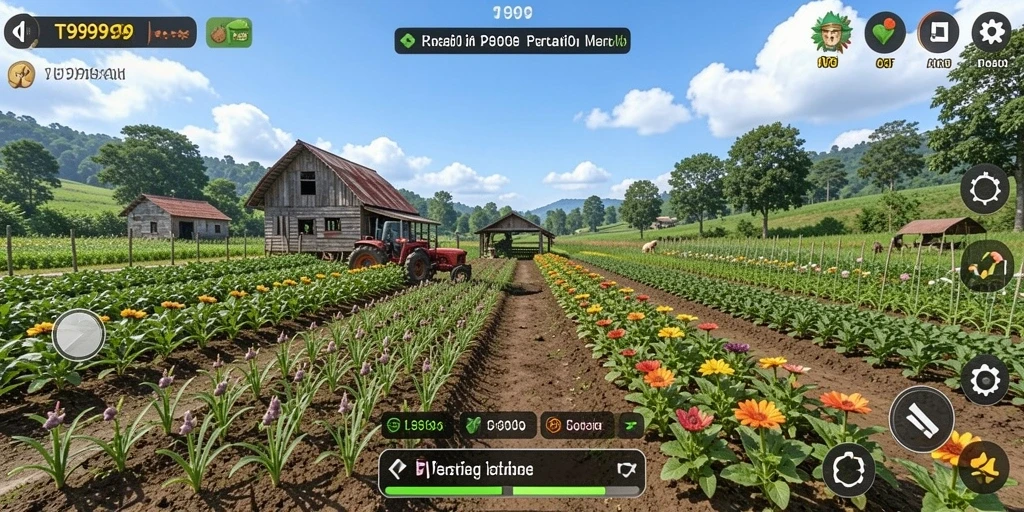 Gameplay seru T9999 dengan berbagai aktivitas pertanian yang menarik.